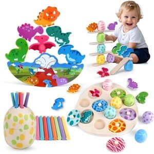 Montessori Dinosaur Toddler Toy Assorted Wooden Stacking & Sorting Set NEW